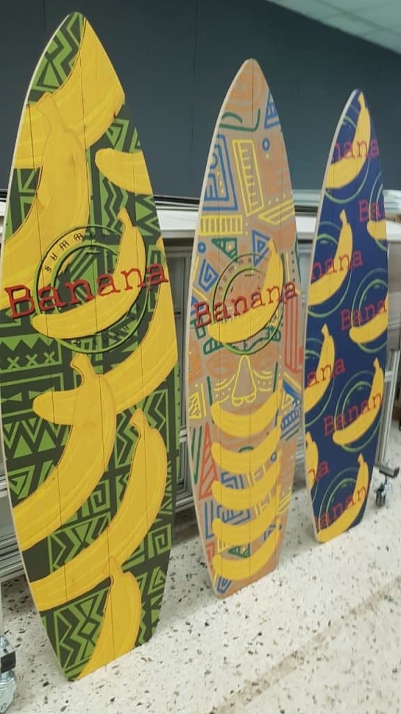 Decorative Banana surfboards with UV print on wood and CNC cutting — QLTY