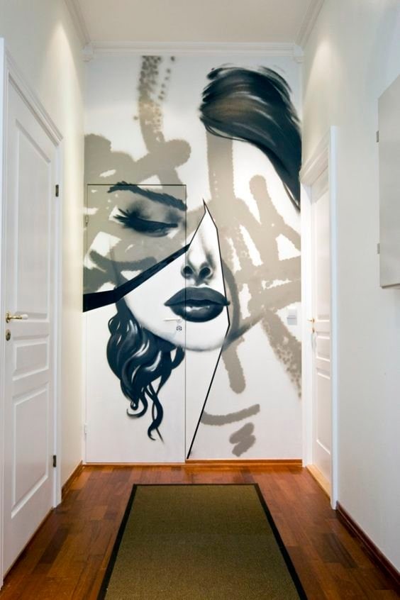 Artistic mural in an entrance corridor, digital print on adhesive vinyl