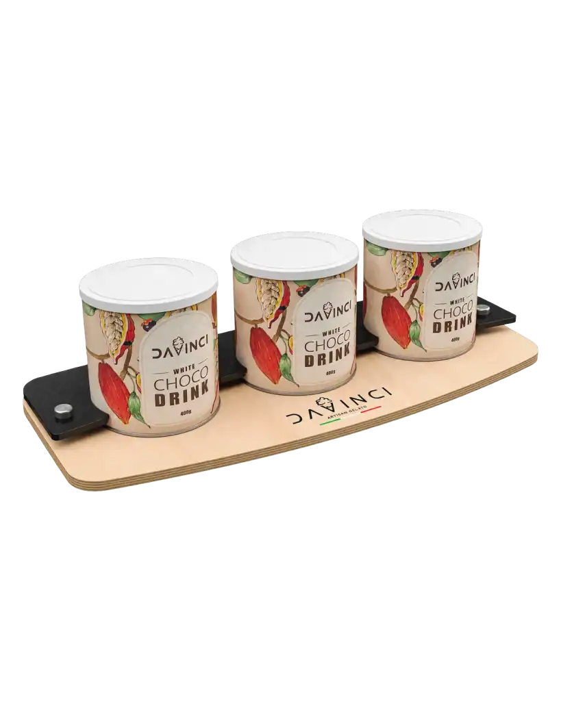 Davinci White Choco Drink single-tier counter stand in wood & plexiglass for product display at the point of sale