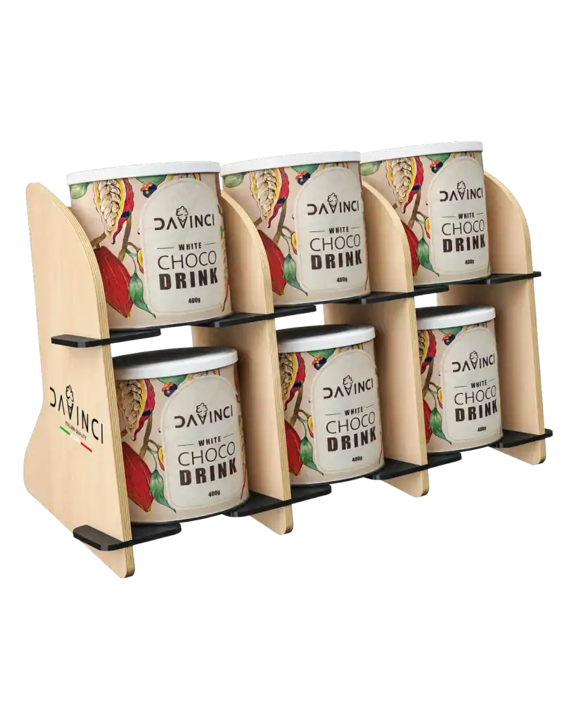 Davinci White Choco Drink two-tier counter stand in wood & plexiglass for product display at the point of sale