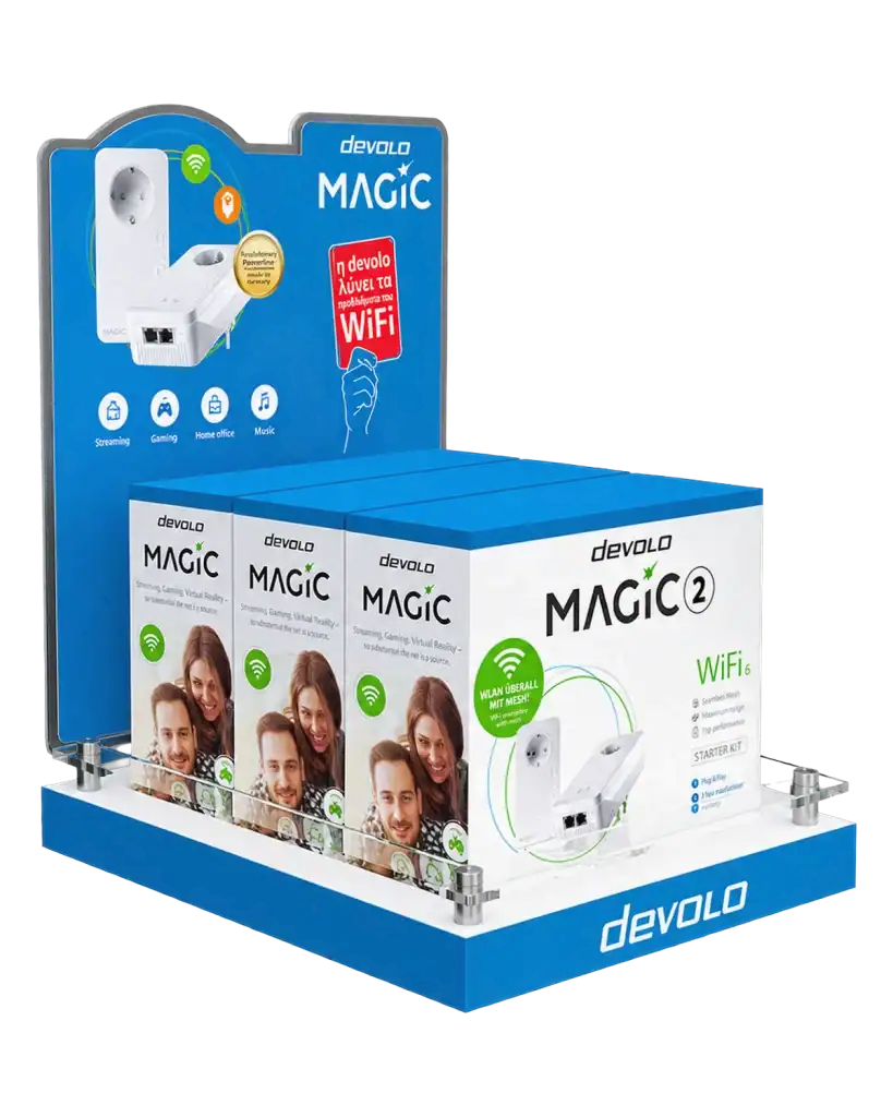 devolo counter stand in wood & plexiglass for product display at the point of sale
