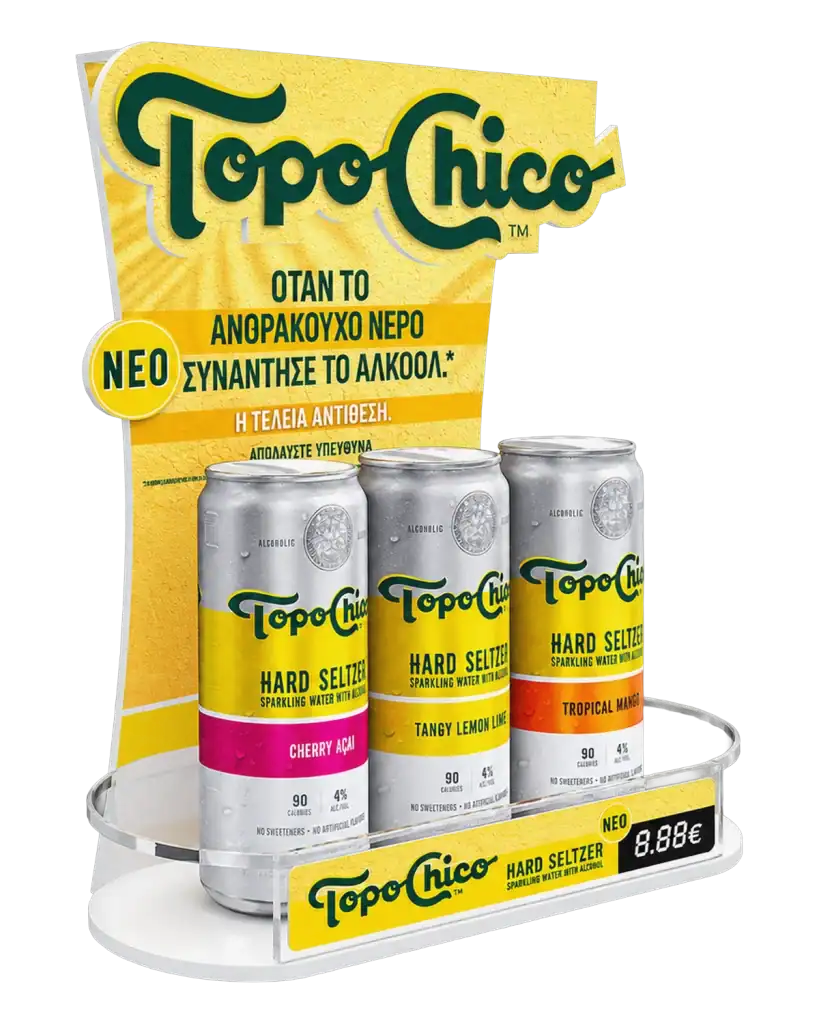 Topo Chico counter stand in plexiglass & forex for product display at the point of sale