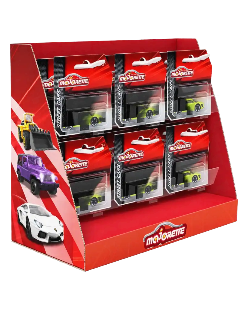 Majorette counter stand in e-board (corrugated) for product display at the point of sale