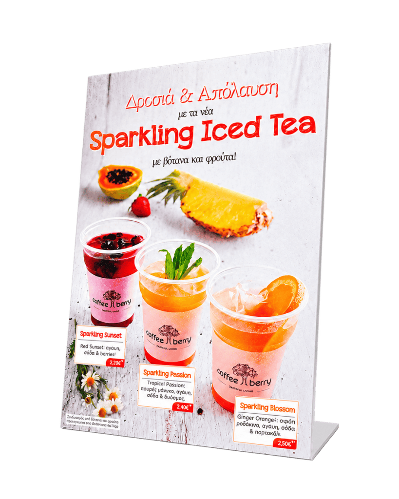 Coffee Berry Sparkling Iced Tea table tent in forex for a café