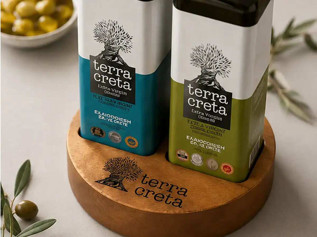 Custom ξύλινη βάση προβολής Terra Creta με τα δοχεία ελαιολάδου στις υποδοχές