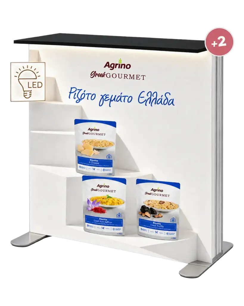 Agrino Gourmet — Promo counter (aluminium & backlit fabric) for promotions in supermarkets and at events