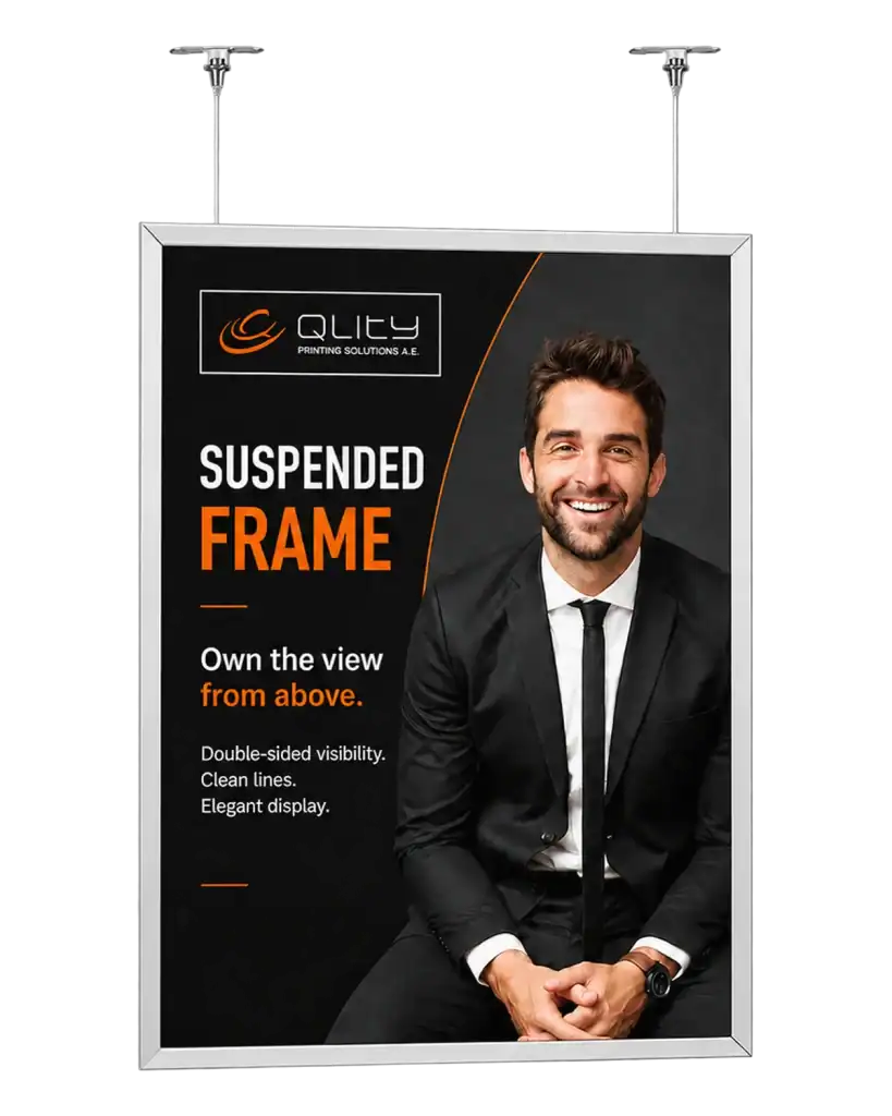 Hanging snap frame — Snap frame (aluminium & print) for store entrances, restaurants and pedestrian streets