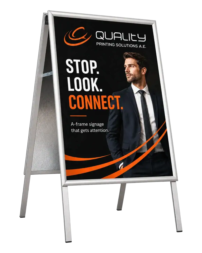 Aluminium A-board with snap frame — A-board (aluminium & print) for store entrances, restaurants and pedestrian streets