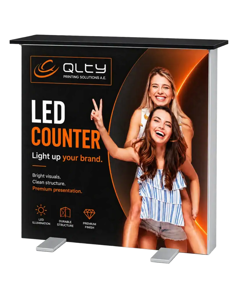 LED Counter — Promo counter (aluminium & backlit fabric) for promotions in supermarkets and at events