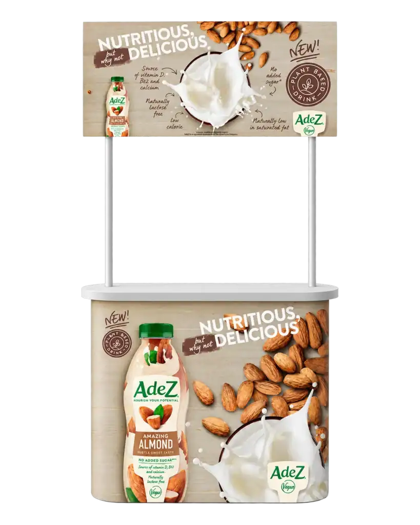 AdeZ — counter with header — Promo table (print & metal) for promotions in supermarkets and at events