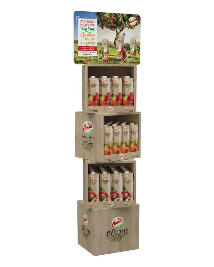 Amita floor stand in wood & E-Board (corrugated) for product display at the point of sale