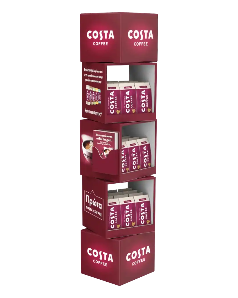 Costa Coffee Cubes floor stand in art foam & forex for product display at the point of sale