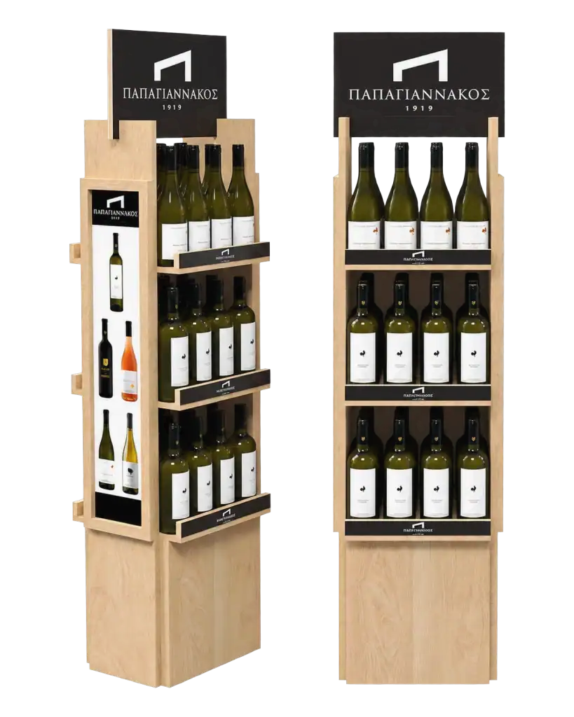 Dynamiki floor stand in wood & forex for product display at the point of sale