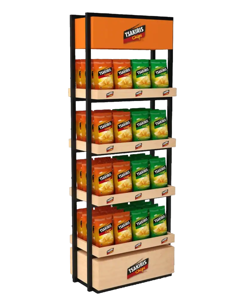 Tsakiris floor stand in wood & metal for product display at the point of sale