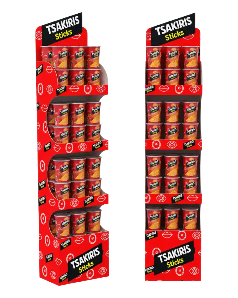 Tsakiris Stics floor stand in E-Board (corrugated) for product display at the point of sale