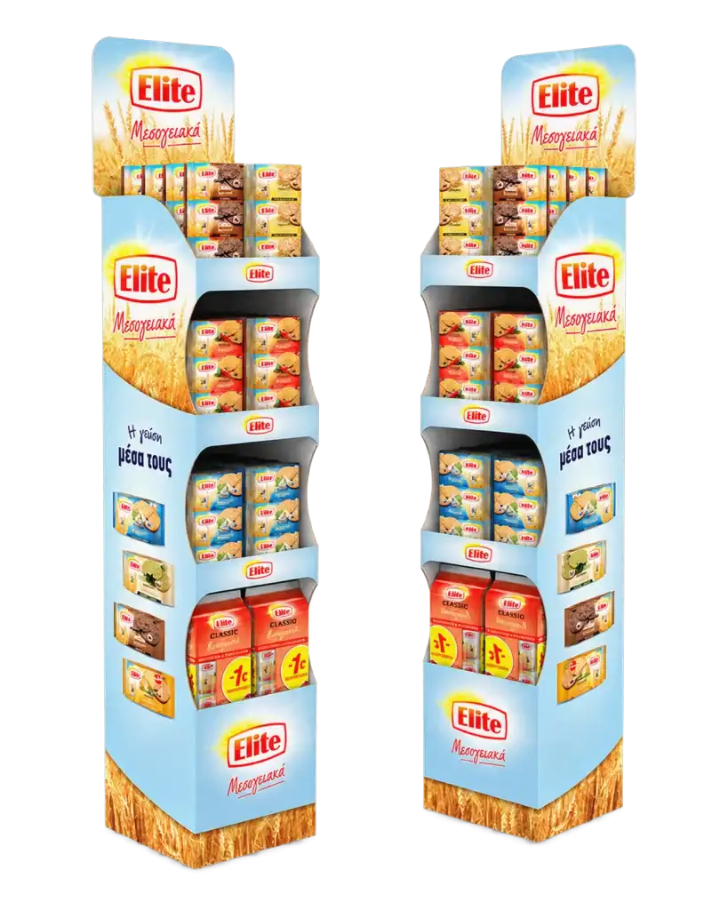 Elite floor stand in E-Board (corrugated) for product display at the point of sale