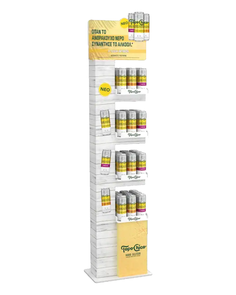 Topo Chico floor stand in E-Board (corrugated) for product display at the point of sale