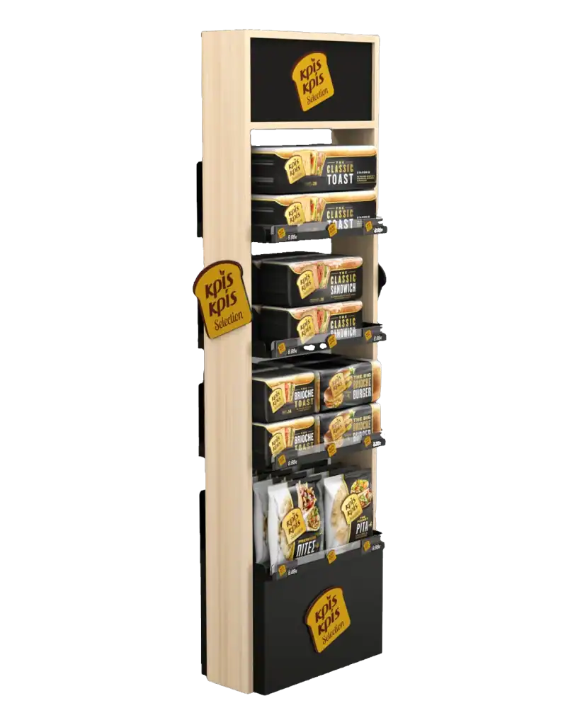 Kris Kris floor stand in metal, wood & plexiglass for product display at the point of sale