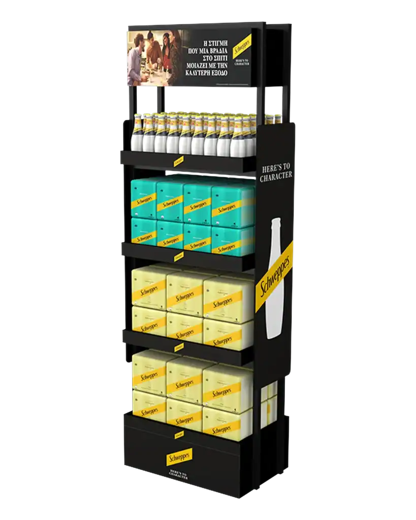 Schweppes floor stand in metal, wood & plexiglass for product display at the point of sale