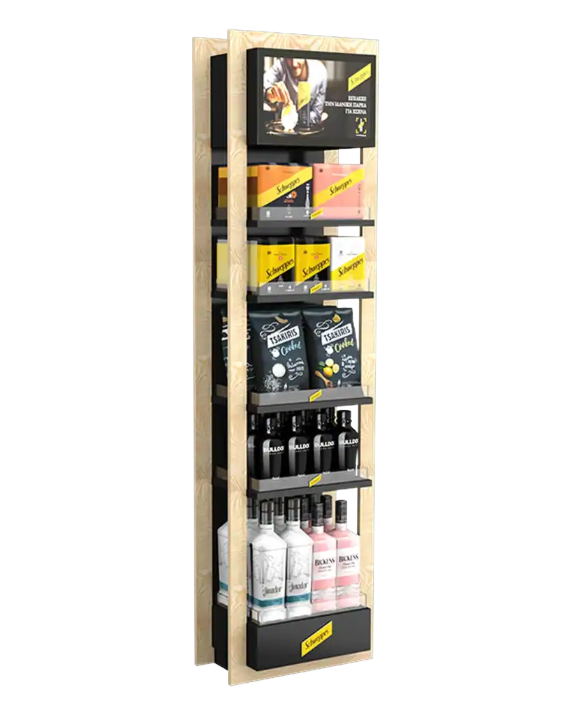 Schweppes Mix Premium floor stand in metal, wood & plexiglass for product display at the point of sale