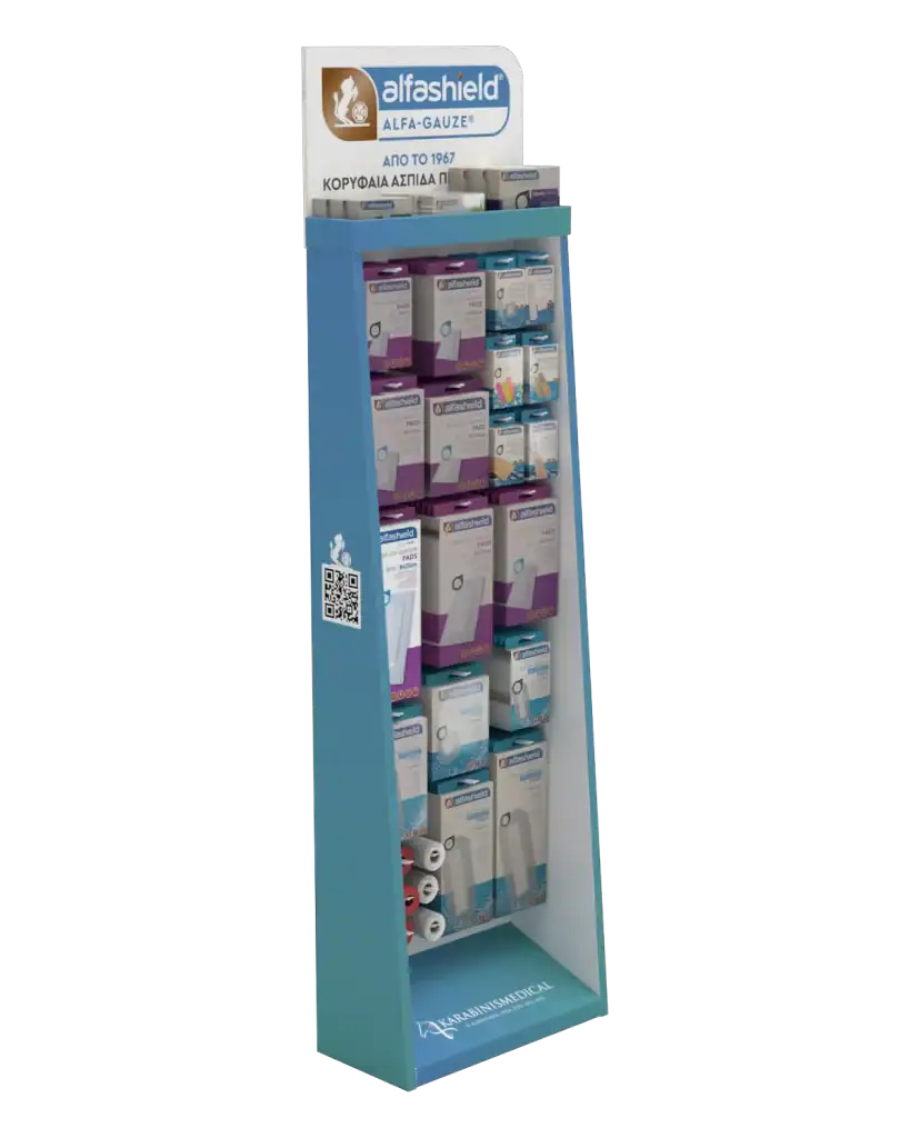 Karabinis Medical floor stand in E-Board (corrugated) with hooks for product display at the point of sale