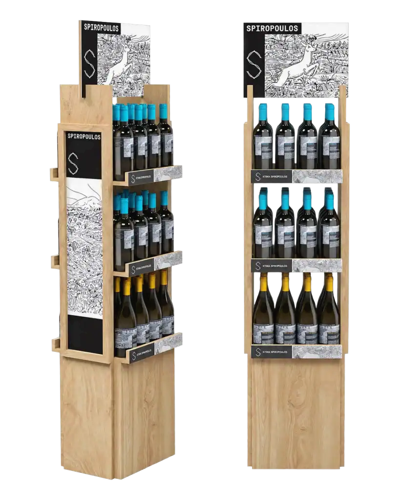 Spyropoulos floor stand in wood & forex for product display at the point of sale