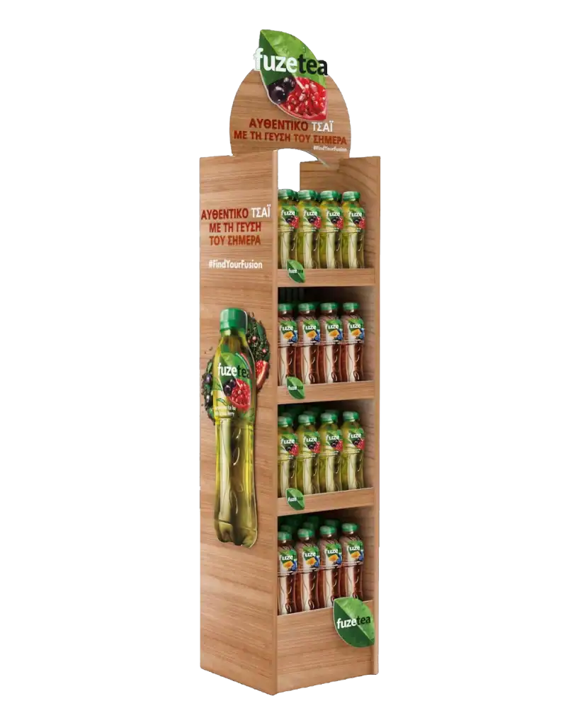 Fuse Tea floor stand in E-Board (corrugated) for product display at the point of sale