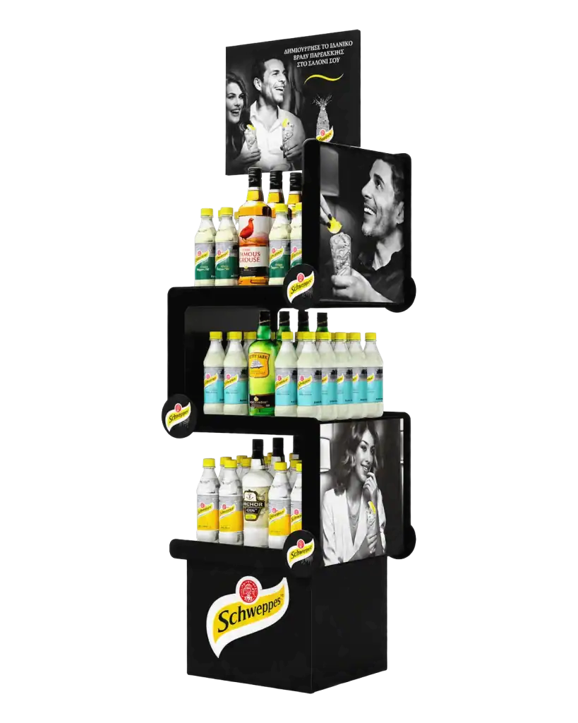 Schweppes floor stand in wood & metal for product display at the point of sale