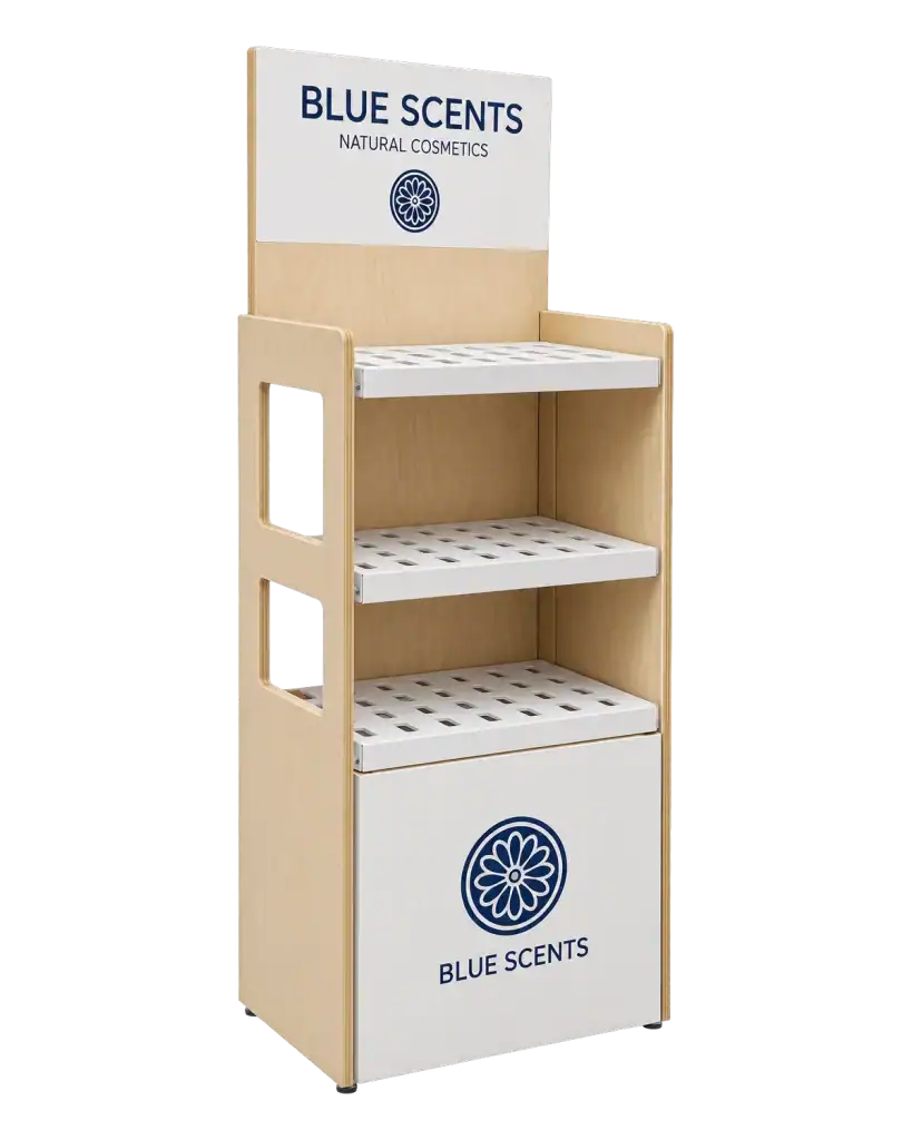 Blue Scents floor stand in wood, forex & plexiglass for product display at the point of sale