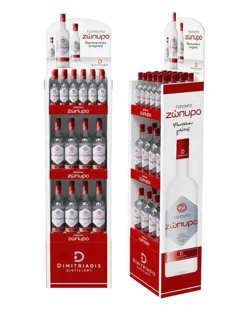 Zopyro floor stand in wood, forex & plexiglass for product display at the point of sale