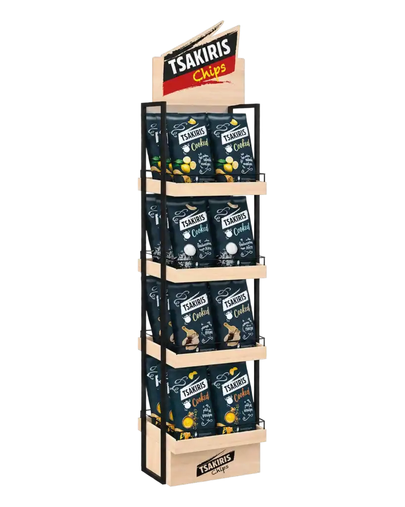 Tsakiris floor stand in wood & metal for product display at the point of sale