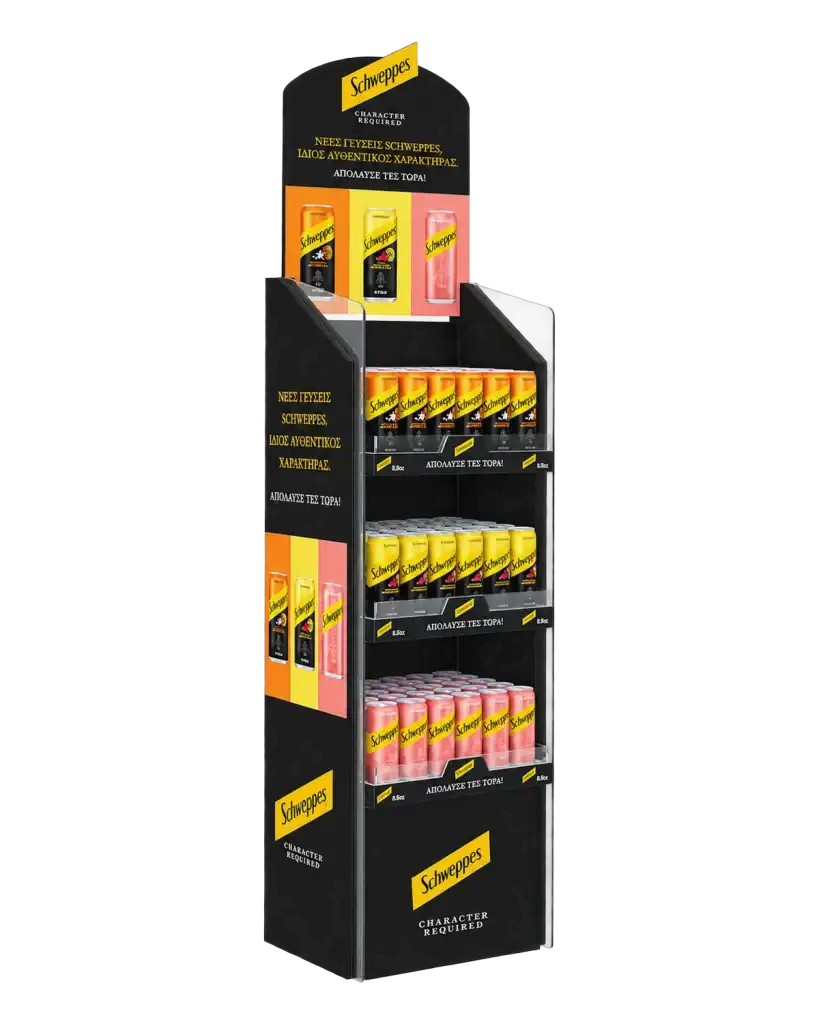 Schweppes floor stand in acca plast & plexiglass for product display at the point of sale