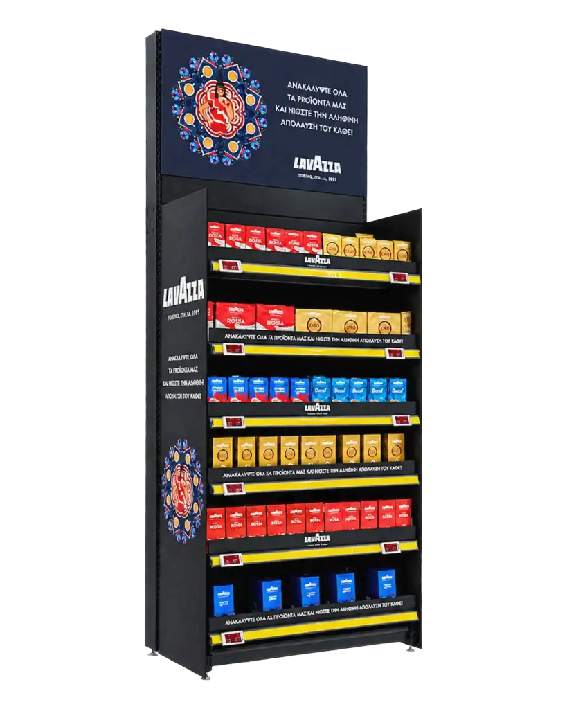 Lavazza gondola end in forex with matt vinyl and magnet for product display at the point of sale