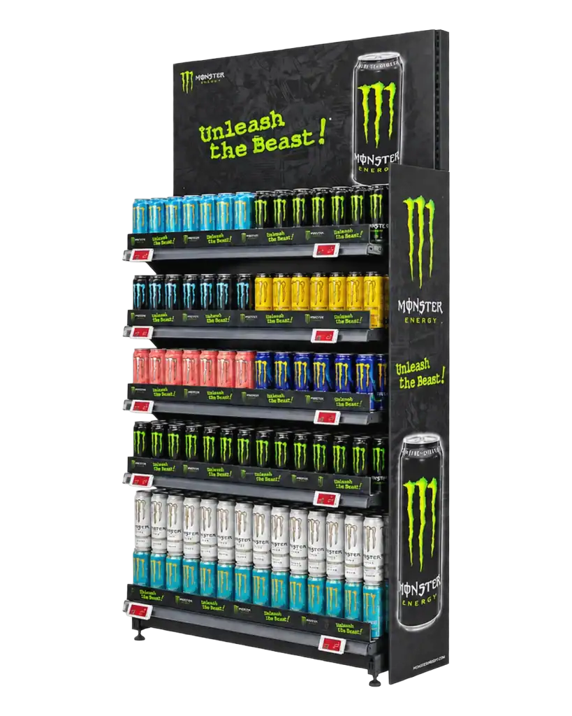 Monster gondola end in forex with matt vinyl and magnet for product display at the point of sale